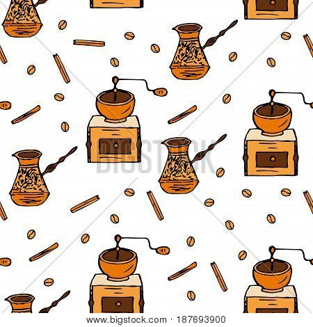 Seamless vector pattern with coffee beans, cinnamon, turka and coffee mill. Handdrawn doodle illustration.