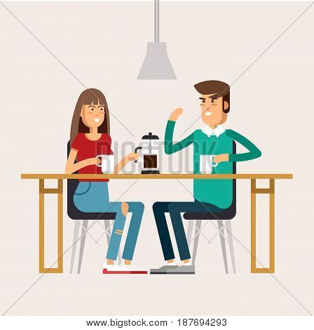 Vector flat illustration of two friend sitting at the coffee house. Young women and man chatting at cafe and drinking coffee and enjoying together