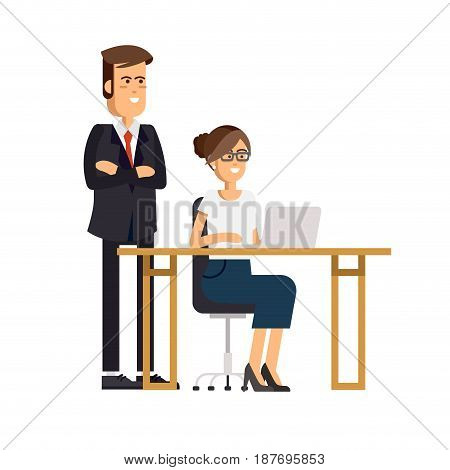 Cool vector flat character design on office business woman working in office behind her desk with desktop computer and the chief watching workflow