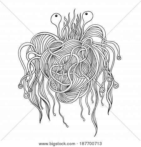 Pasta monster. Pastafarian god. Doodle isolated on white background.