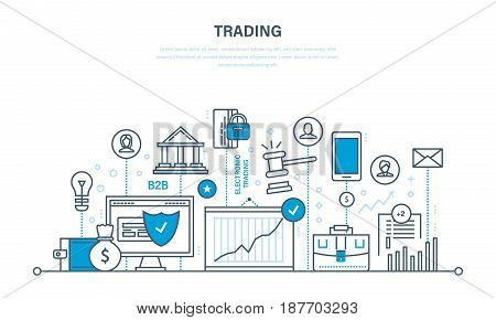 Trading, protection of trades, growth of finance and economic indicators, interaction with clients, transaction and retail. Illustration thin line design of vector doodles, infographics elements.
