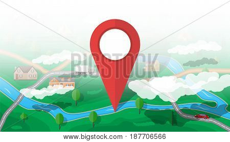 Suburban map with houses with car, trees, road, river, mountain, sky and clouds. Red route pin. GPS and navigation. Village. Vector illustration in flat style