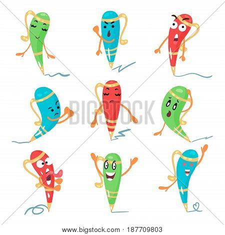 Cute cartoon color pen characters facial expressions, emotions and hand gestures vector illustrations isolated on a white background