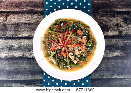 Fried Spicy Chinese Morning Glory With Minced Pork And Dried Shrimps .