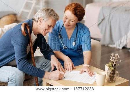 Legal aspects. Feeble injured senior gentleman wanting a medical worker providing him services at home and hiring her for a period of time