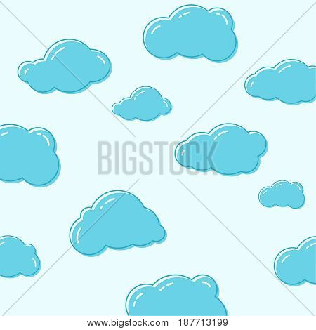 Abstract background with cartoon cloudy. Cloud vector icons. Sky blue atmospheric bubbles. Comic nature cloudscape weather symbols. Cute childish illustration.