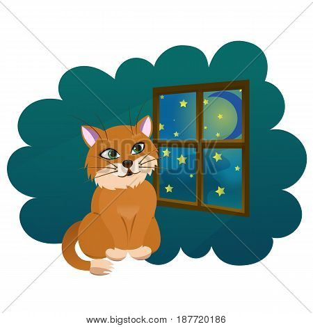 Smiling red cat look at the moon through the window. Vector illustration