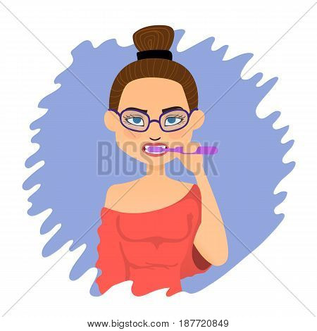 Young woman brushing teeth. Girl in the morning to brush your teeth in front of the mirror. Vector illustration.