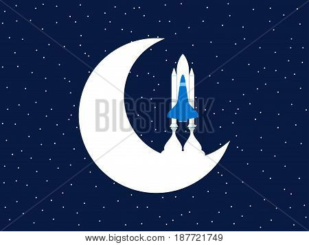 Space Shuttle And Moon. Outer Space. Vector Illustration