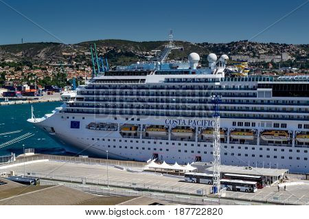 Costa Pacifica, Costa Cruises - Marseille, France - 08 May 2017: Costa Pacifica cruise ship docked in port of Marseille