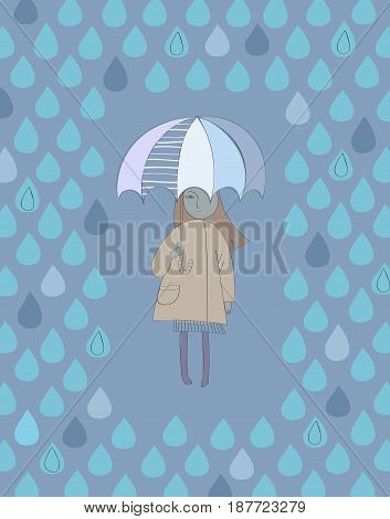 Cute cartoon girl with an umbrella standing under a rain.