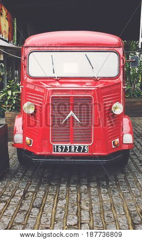 London, UK - 29 Sept 2016: Restored H-type Citroen delivery van parked on the South Bank of the Thames in London, UK. Mid 20th Century vintage vehicle with matte, retro filter applied.