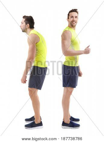 Rehabilitation concept. Collage of man with poor and good posture on white background