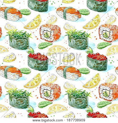 Seamless pattern of a gunkan, sushi and roll. Japanese cuisine.Salmon,red caviar,lemon,wasabi and chuka.Watercolor hand drawn illustration.White background.