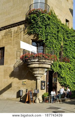 BARCELONA, SPAIN - MAY 20, 2017: Visitors at the Poble Espanyol in Barcelona, Spain. This open-air museum recreates different Spanish buildings and was built for the 1929 International Exposition