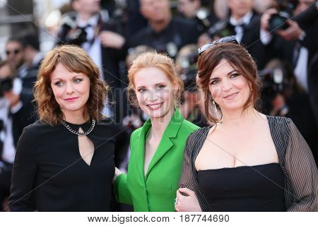 Agnes Jaoui, Jessica Chastain, Maren Ade attends the 'The Meyerowitz Stories' screening during the 70th annual Cannes Film Festival at Palais des Festivals on May 21, 2017 in Cannes, France. 