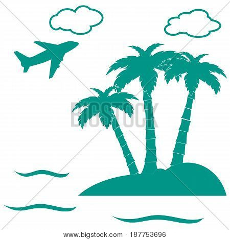 Stylized Icon Palm Trees On An Island In The Ocean And A Flying Plane