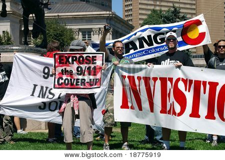DENVER - AUGUST 26: Conspiracy theorists (9-11) demonstrate in Civic Center Park during the Democratic National Convention on August 26, 2008 in Denver, Colorado.