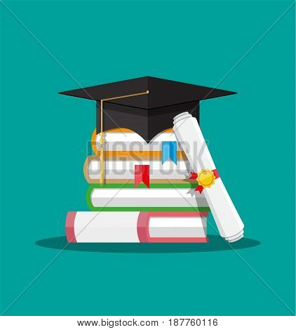 White rolled paper diploma scroll with yellow stamp, red ribbons and black graduation cap, books. Graduation concept. Vector illustration in flat style