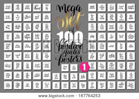 mega set of 100 positive quotes posters about happy summer, motivation and inspirational journey phrases to design, greeting card, printable wall art, calligraphy vector illustration big collection