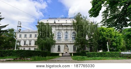 ARAD ROMANIA - 05.09.2017: Court house and Avram Iancu statue landmark architecture