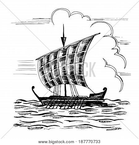 Vintage sailboat with one mast. It moves through the waves at the oars.  Hand drawn  vector sketch of the vessel on the water background.  Travel illustration.