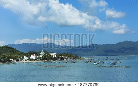 Fishing boats in the sea in Vietnam Asia. Landscape