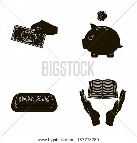 Hand with money for poshestvovaniya, a piggy bank for charity, a button with an inscription, a book for the blind in their hands. Charity and donation set collection icons in black style vector symbol stock illustration .