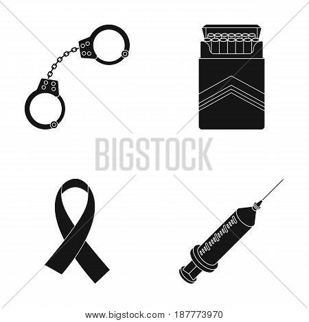Handcuffs, cigarettes, AIDS tape, syringe. Drugs set collection icons in black style vector symbol stock illustration .