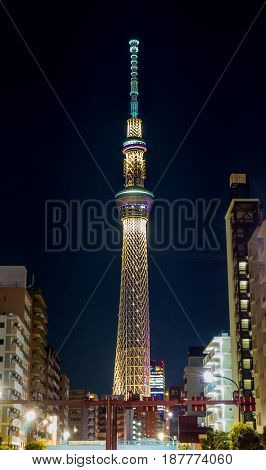 Tokyo Japan - May 2 2017: The Toyko Skytree is lighten up at night.