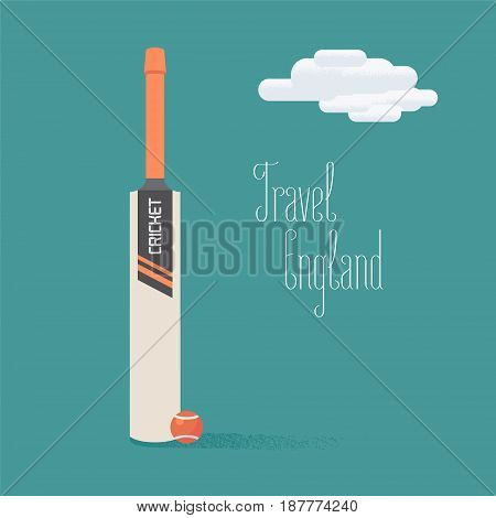 Cricket ball and bat vector illustration with travel to England quote. Concept image for exploring England and United Kingdom