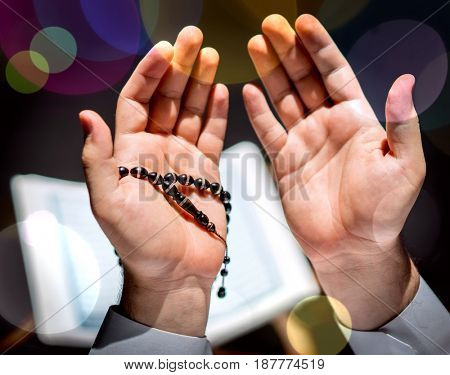 Muslim woman hands up for prying,  colorful  and  vintage tone filter effect color style.