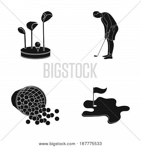 Stand for a golf club, muzhchin playing with a club, basket with balls, label with a flag on the golf course. Golf Club set collection icons in black style vector symbol stock illustration .