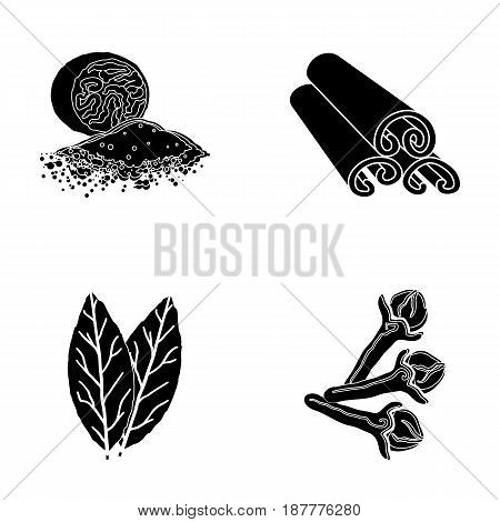 Nutmeg, cinnamon, bay leaves, cloves.Herbs and spices set collection icons in black style vector symbol stock illustration .
