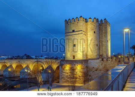 The Calahorra Tower (Spanish: Torre de la Calahorra) and Roman bridge Cordoba Spain. Evening