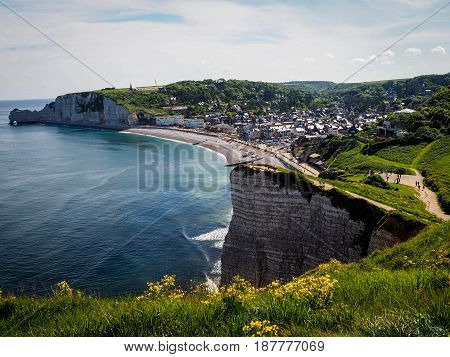 beautiful normandy - cliffs and beach étretat - france - may 2017