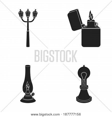 Street lamp, lighter, kerosene lamp, lamp of Edison.Light source set collection icons in black style vector symbol stock illustration .