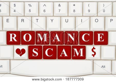 Dating scams on the internet A close-up of a keyboard with red highlighted text Romance Scam 3D Illustration