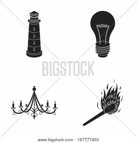 A lighthouse, an incandescent lamp, a chandelier with candles, a burning match.Light source set collection icons in black style vector symbol stock illustration .