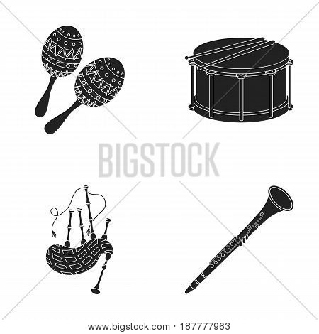 Maracas, drum, Scottish bagpipes, clarinet. Musical instruments set collection icons in black style vector symbol stock illustration .