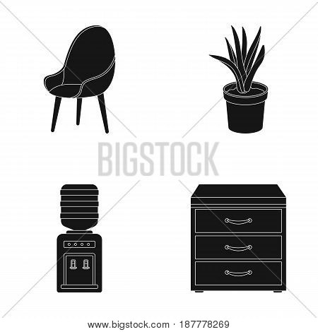 A red chair with a comfortable back, an aloe flower in a pot, an apparatus with clean water, a cabinet for office papers. Office Furniture set collection icons in black style vector symbol stock illustration .