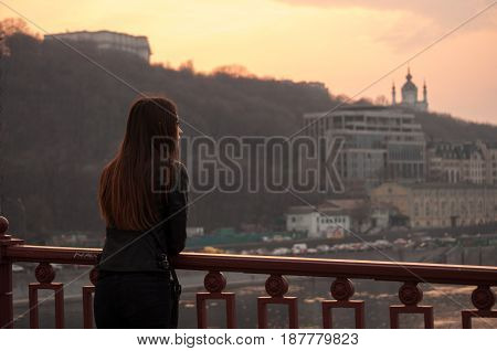 Silhouette Of Little Girl And Mother Are Fishing At The Bottom View Of Bridge. Sunset At Akashi Kaik