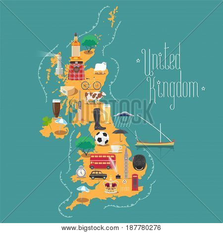 Map of United Kingdom, Great Britain with Scotland and Ireland vector illustration, design. Icons with British landmarks, Big Ben and beer. Explore Britain concept image