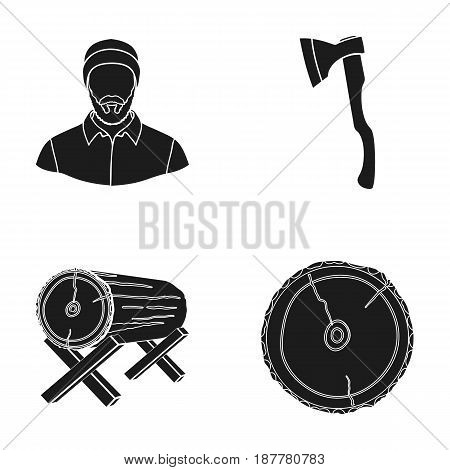 Carpenter, log on supports, ax, cut logs. Sawmill and timber set collection icons in black style vector symbol stock illustration .