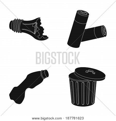 Broken light bulb, used batteries, breaking a plastic bottle, garbage can with a sign.Garbage and trash set collection icons in black style vector symbol stock illustration .