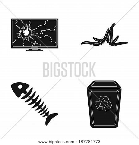 Broken TV monitor, banana peel, fish skeleton, garbage bin. Garbage and trash set collection icons in black style vector symbol stock illustration .