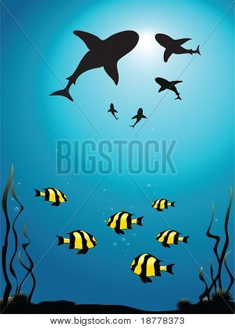 Vektor illustration - seascape af hajerne kredser mindre fisk