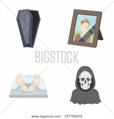 Coffin with a lid and a cross, a photograph of the deceased with a mourning ribbon, a corpse on the table with a tag in the morgue, death in a hood. Funeral ceremony set collection icons in cartoon style vector symbol stock illustration .