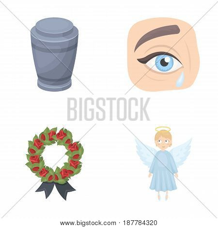 The urn with the ashes of the deceased, the tears of sorrow for the deceased at the funeral, the mourning wreath, the angel of death. Funeral ceremony set collection icons in cartoon style vector symbol stock illustration .