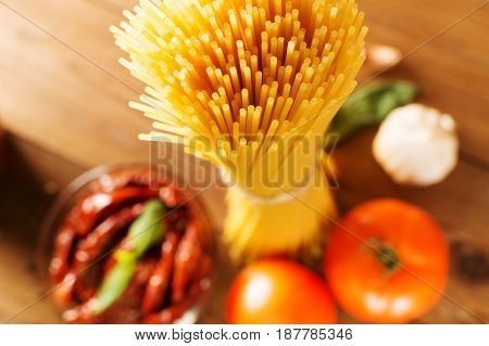 Italian Spaghetti With Ingredients For Cooking Pasta. Top View
